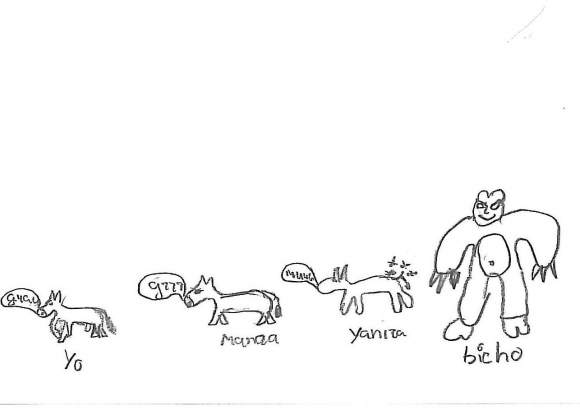 Un niño de ocho años dibujando una familia de animales