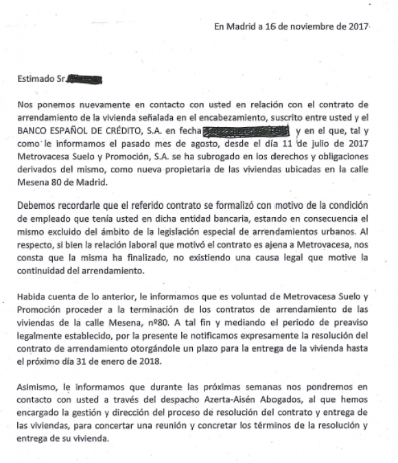 Carta enviada por Metrovacesa a los inquilinos de la Colonia Banesto
