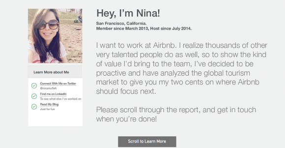 Fotografía del CV Nina Mufleh que cautivó al CEO de Airbnb.