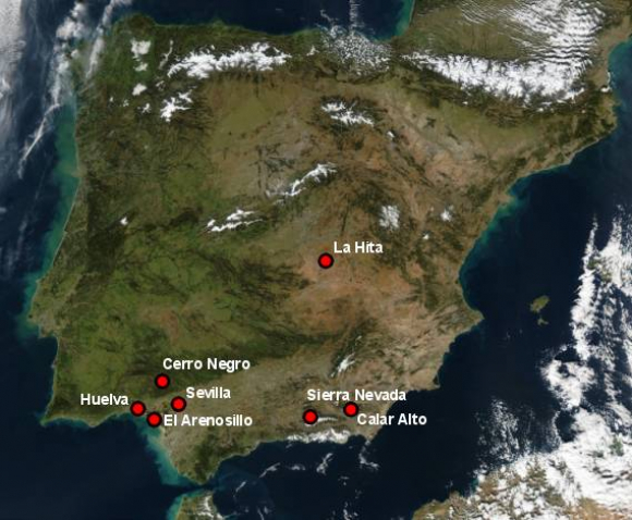Ubicación de las estaciones de detección de meteoros operadas desde la Universidad de Huelva en el marco del proyecto SMART.