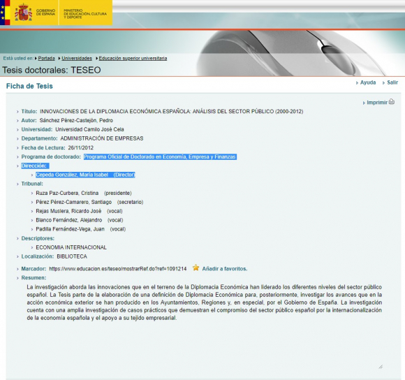 Ficha de la tesis de Pedro Sánchez en TESEO