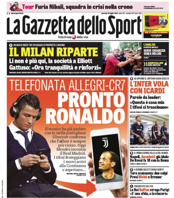 La portada de la 'Gazzetta dello Sport' sobre Allegri y CR7.
