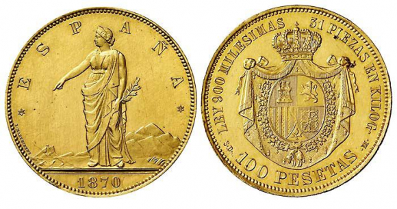 100 pesetas en oro de 1870. Se han llegado a pagar 240.000 euros. Hispania señala a Gibraltar y tiene a su espaldas a los Pirineos.