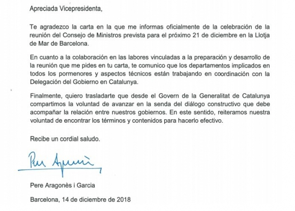 Carta de Aragonés al Gobierno de España.