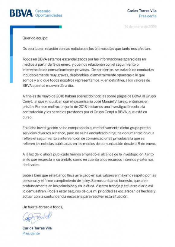 Carta de Carlos Torres Vila a la plantilla del BBVA por el caso Villarejo.