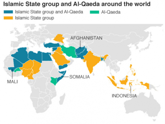 Presencia del Estado Islámico y Al Qaeda en el mundo en 2018