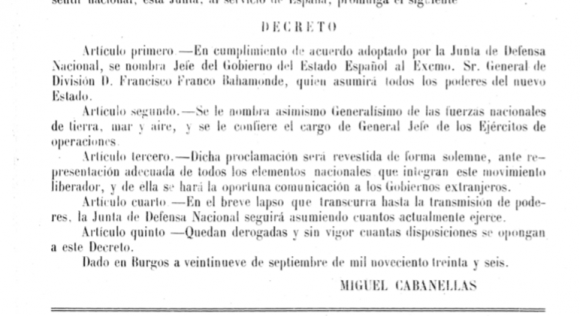 El Decreto de nombramiento de Franco por la Junta de Defensa.