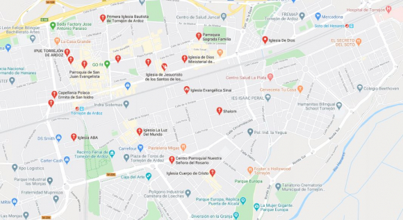 Mapa iglesias evangelistas Torrejón