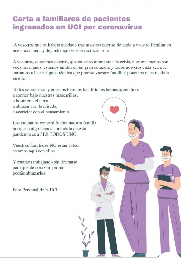 Carta de personal de la UCI a los familiares de pacientes con coronavirus