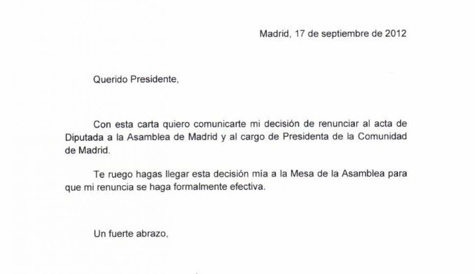 Esperanza Aguirre presenta su carta de dimisión ante la 