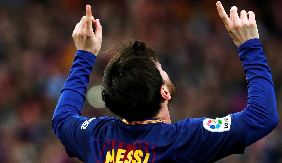 El delantero argentino del FC Barcelona Lionel Messi celebra un gol ante el Atlético de Madrid en la vigésimo séptima jornada de Liga.EFE/Alejandro García