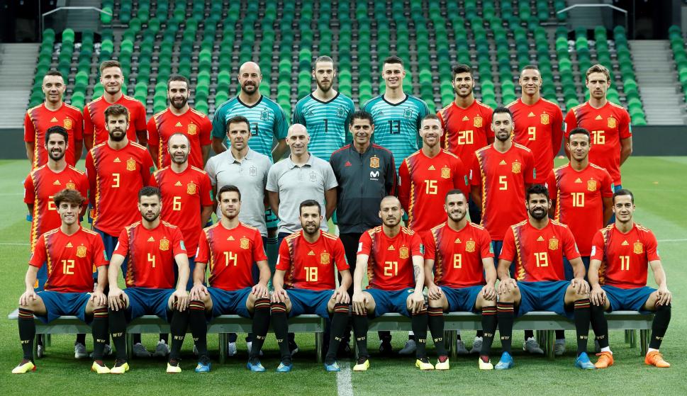 Fotografía oficial de la Selección Española de Fútbol en Rusia, antes del entrenamiento que ha desarrollado el equipo de Fernando Hierro en el FC Krasnodar Stadium