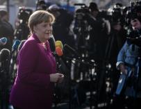 La canciller alemana, Angela Merkel,a su llegada a la sede de la CDU