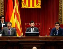 El candidato de Junts per Catalunya (JxCat) , Jordi Turull, al comienzo de su discurso ante el pleno del Parlament (EFE/Alberto Estévez)