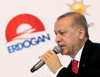 El presidente turco, Recep Tayyip Erdogan, en un acto de campaña en Ankara, Turquía, el 24 de mayo de 2018. EFE/ Str