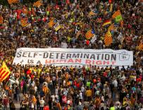 Lema que los manifestantes han exhibido por las calles de Barcelona.