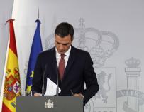 Pedro Sánchez durante la rueda de prensa que ha ofrecido en el Palacio de La Moncloa