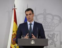 El presidente del Gobierno, Pedro Sánchez, durante la rueda de prensa ofrecida este sábado en el Palacio de la Moncloa