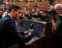 Pedro Sánchez a su llegada al debate de Presupuestos en el pleno del Congreso
