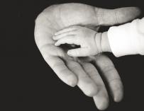 Fotografía de las manos de un bebé y un adulto.