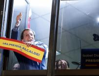 El candidato del PP al Ayuntamiento de Madrid, José Luis Martínez-Almeida, celebra los resultados electorales en la sede de los populares, en Madrid.