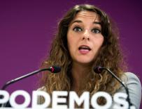 La portavoz de ahorapodemos Noelia Vera, durante la rueda de prensa tras el Consejo de Podemos.