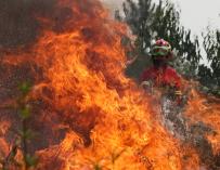 Un bombero trata de extinguir las llamas durante un incendio en Maçao, Portugal. /EFE