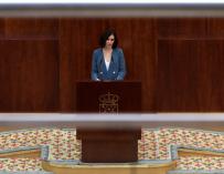 La candidata del PP a la Presidencia de la Comunidad de Madrid, Isabel Díaz Ayuso, durante su discurso de la primera sesión del pleno de investidura. /EFE