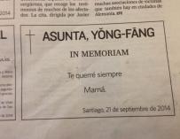 La esquela de Asunta publicada por su madre en el primer aniversario de su muerte