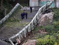 Socorristas buscan víctimas después de la caída de un puente colgante cerca de Toulouse. / EFE/EPA/FREDERIC SCHEIBER