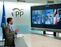 El líder del PP, Pablo Casado, en una reunión por videoconferencia con los presidentes autonómicos de su partido.