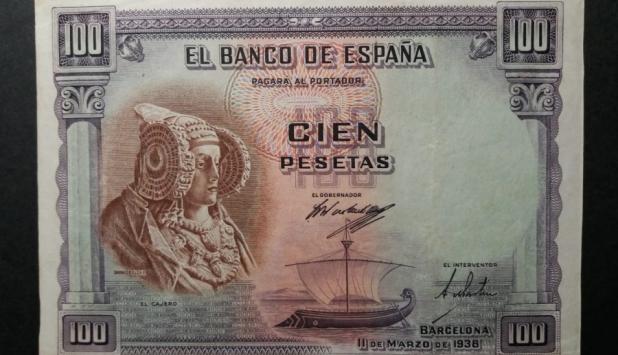 Fotografía del billete de cien pesetas de 1938.