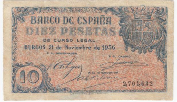 Fotografía del billete de 10 pesetas raro.