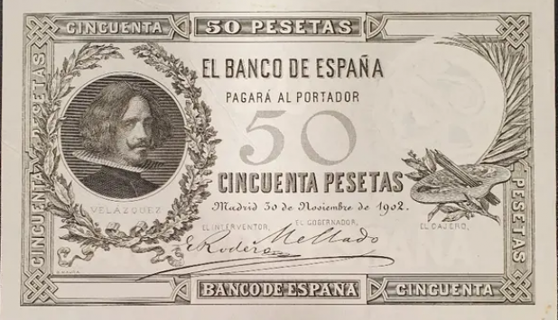 Fotografía de un billete de 50 pesetas de 1902.